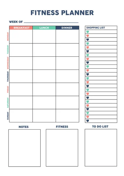 Spor salonu, antrenman, günlük için fitness planlayıcısı, organizatör, kalpli defter. Yazdırılabilir A4 planlayıcısı. Vektör İllüstrasyonu. 