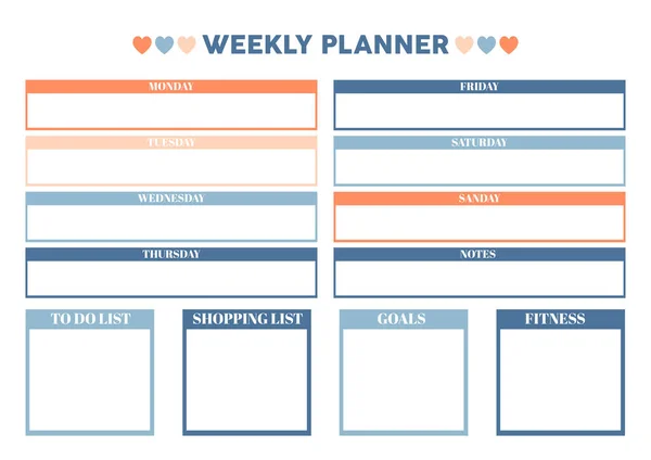 Wekelijkse Planner Voor Dagboek Organisator Notitieboekje Afdrukbare Planner Vector Illustratie — Stockvector