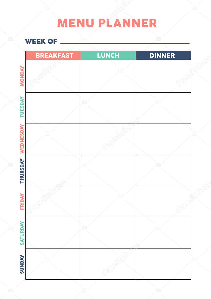 Meal planner for diary, organiser, notebook. Printable A4 planner. Vector Illustration. 