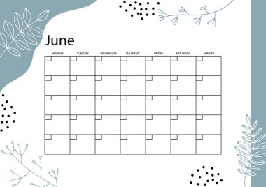 Haziran planlayıcısı, aylık planlama takvimi, el yapımı dokular, moda tarzı.