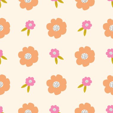 Çiçekler, çiçek desenli el, kusursuz vektör dolgusu. Sevimli çocuksu çizimler. Bebek ambalaj kağıdı, tekstil, vektör