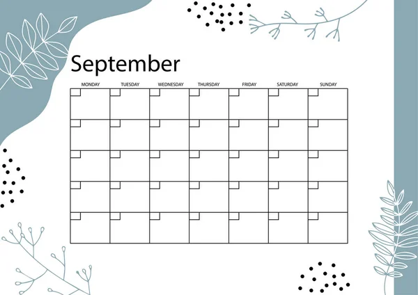 Planificador Septiembre Calendario Planificador Mensual Texturas Dibujadas Mano Estilo Moda — Vector de stock