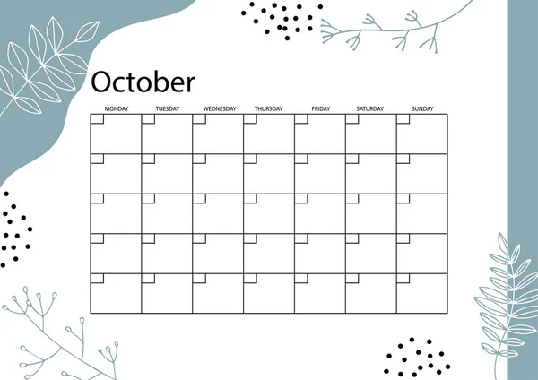 Oktober Planerare Månatliga Planerare Kalender Handritade Texturer Trendig Stil — Stock vektor