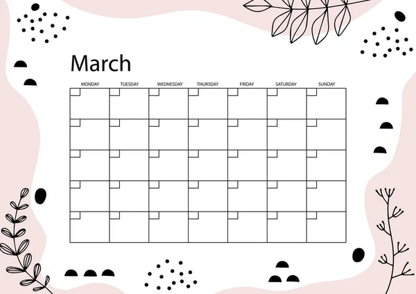 3月プランナー 毎月プランナーカレンダー 手描きのテクスチャ トレンディーなスタイル — ストックベクタ