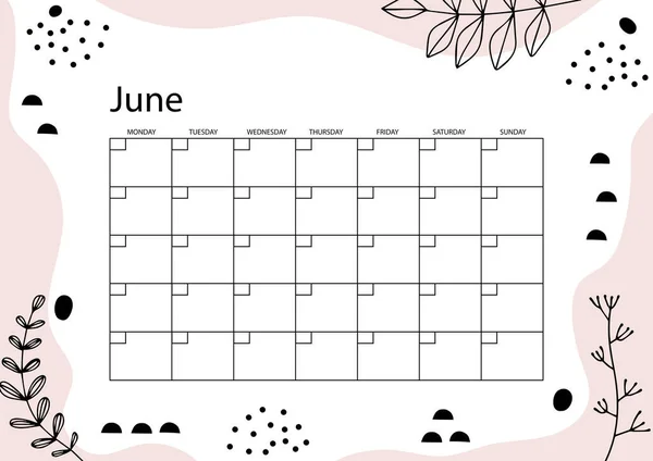 6月プランナー 毎月プランナーカレンダー 手描きのテクスチャ トレンディーなスタイル — ストックベクタ