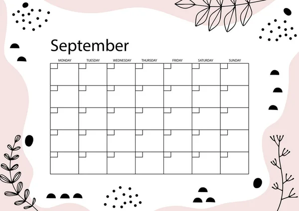 Pianificatore Settembre Calendario Mensile Trame Disegnate Mano Stile Trendy — Vettoriale Stock