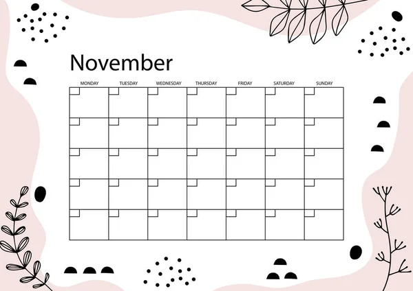 11月プランナー 毎月プランナーカレンダー 手描きのテクスチャ トレンディーなスタイル — ストックベクタ