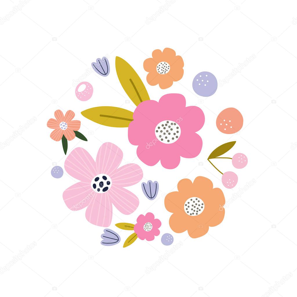 Flowers arranged in circle,  design with flowers, peonies, petals, leaves. Vector illustration. Ideal for postcard, card, poster, flyer etc. 