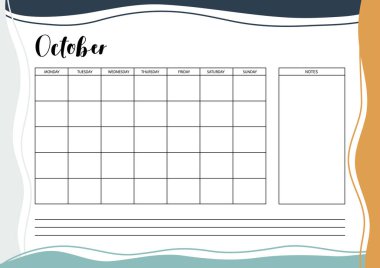 Günlük, organizatör ve defter için aylık planlamacı. Yazdırılabilir A4 planlayıcısı. Vektör İllüstrasyonu. 