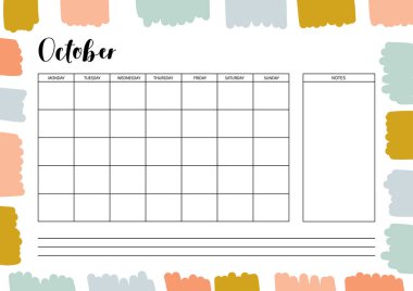 Günlük, organizatör ve defter için aylık planlamacı. Yazdırılabilir A4 planlayıcısı. Vektör İllüstrasyonu. 