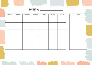 Günlük, organizatör ve defter için aylık planlamacı. Yazdırılabilir A4 planlayıcısı. Vektör İllüstrasyonu. 