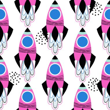 Uzay gemileri, roketler, gezegenler, yıldızlar elle çizilmiş kusursuz vektör dolumu. Sevimli çocuksu çizimler. Bebek ambalaj kağıdı, tekstil, vektör illüstrasyonu 