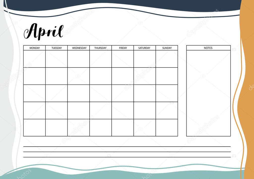 Monthly  planner for diary, organiser, notebook. Printable A4 planner. Vector Illustration. 
