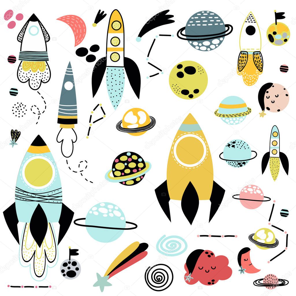 Space, spaceships, planets and stars hand drawn elements vector illustration.