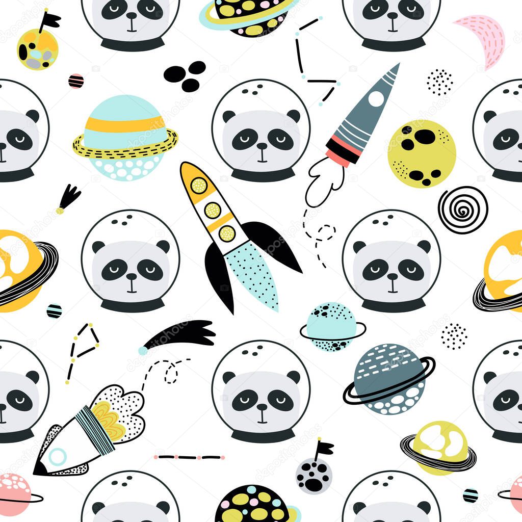 Animals and spaceships, rockets, planets, stars hand drawn seamless vector fill. Cute childish drawing. Baby wrapping paper, textile, vector illustration 