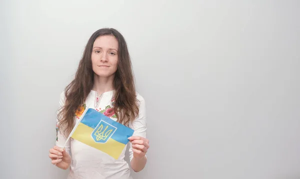 Menina Bonita Nova Camisa Bordada Com Bandeira Ucraniana Mulher Ucraniana — Fotografia de Stock