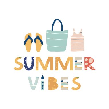 İçinde harf olan yaz çantaları. Tişört, çocuk kitabı, not defteri, poster, kartpostal vesaire için baskı. Vektör illüstrasyonu. 