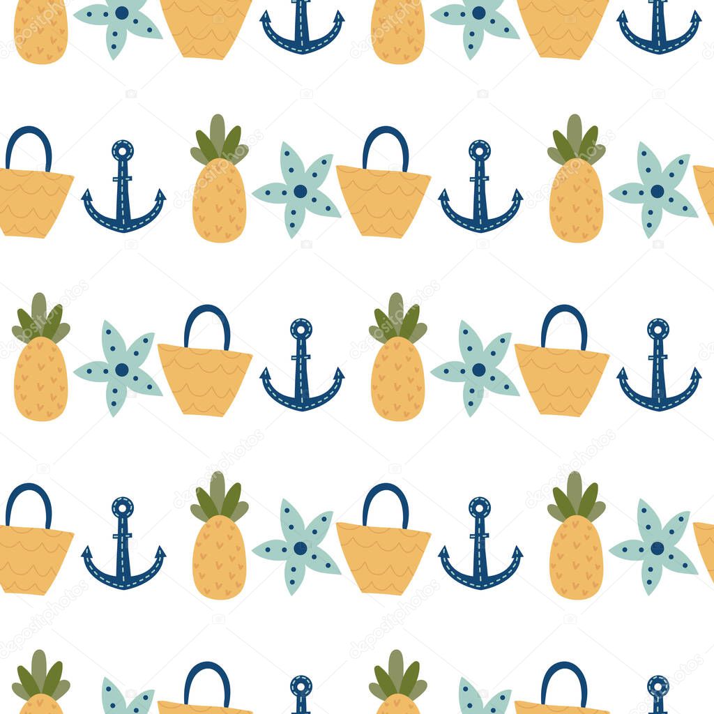 Sea anchors, summer bags and pineapples  hand drawn seamless vector fill. Cute childish drawing. Baby wrapping paper, textile, vector illustration 