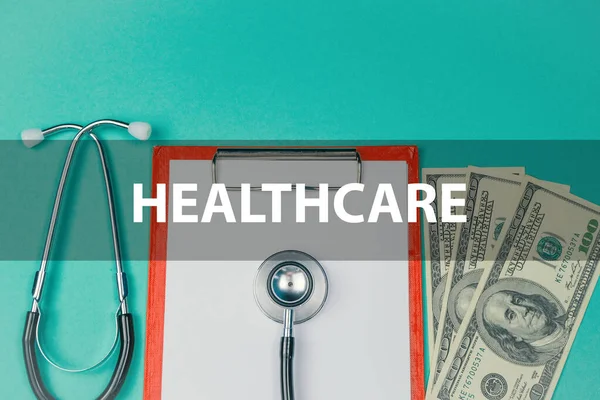 Healthcare Medicine Concept Stethoscope Money Notepad Money Green Background — Stock Photo, Image