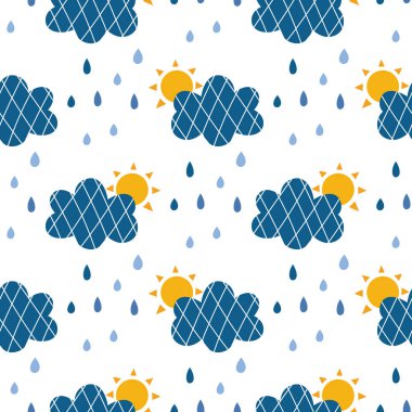 Şirin güneş ve bulutlar el çizimi kusursuz vektör dolgusu. Sevimli çocuksu çizimler. Bebek ambalaj kağıdı, tekstil, vektör illüstrasyonu 