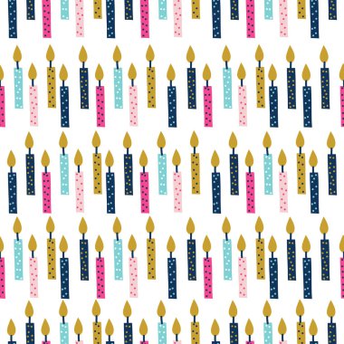  Doğum günü mumları deseni. Sevimli çocuksu çizimler. Bebek ambalaj kağıdı, tekstil, vektör illüstrasyonu 