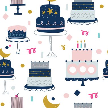 Doğum günü pastaları, turtalar, tatlılar elle çizilmiş kusursuz vektör dolgusu. Sevimli çocuksu çizimler. Bebek ambalaj kağıdı, tekstil, vektör illüstrasyonu 