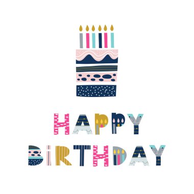 Doğum günün kutlu olsun. Yazılı cümleyle selamlıyorum. Tişört, çocuk kitabı, not defteri, poster, kartpostal vesaire için baskı. Vektör illüstrasyonu. 