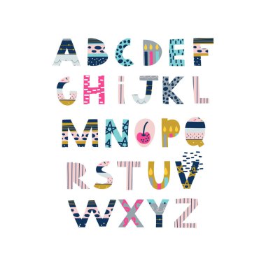 Doğum günü dekoratif İngiliz alfabesi. Uzay, şirin çocuklar yazı tipi. Eğitim ve ev dekorasyonu için ideal. Vektör İllüstrasyonu alıntılar, afişler, kartlar ve çocukların moda baskıları için kullanılabilir. 