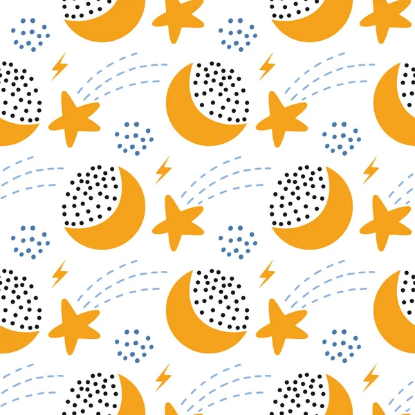 Ay ve yıldızlar elle çizilmiş kusursuz vektör dolgusu. Sevimli çocuksu çizimler. Bebek ambalaj kağıdı, tekstil, vektör illüstrasyonu 