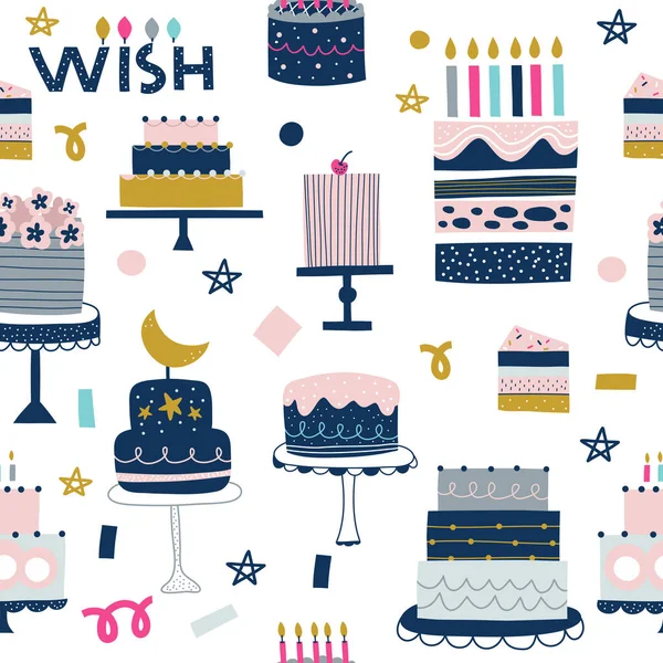 誕生日ケーキ デザート手描きシームレスベクトルフィル かわいい子供っぽい絵 赤ちゃん包装紙 ベクトルイラスト — ストックベクタ