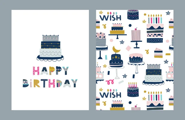 Feliz Cumpleaños Conjunto Tarjetas Felicitación Vector Ilustración Póster Tarjeta Postal — Vector de stock