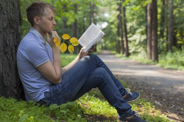 Genç bir adam bir yaz parkta bir kitap okuyor