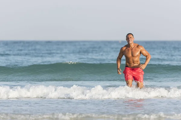 Mature older muscular fit Middle Eastern Arab Male running out of the ocean on the beach, shirtless, wearing red shorts