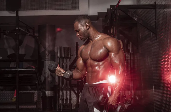 Muskulös Afroamerikansk Skjorta Svettig Manlig Bodybuilding Idrottsman Gör Skivstång Lockar — Stockfoto