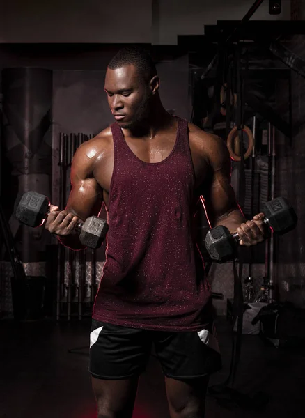 Muscular Africano Americano Masculino Musculação Atleta Faz Halteres Cachos Escuro — Fotografia de Stock