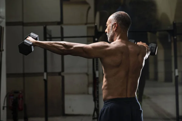 Backward View Muscular Shirtless Mature Older Bodybuilding Athlete Balding Gray — Stock Photo, Image