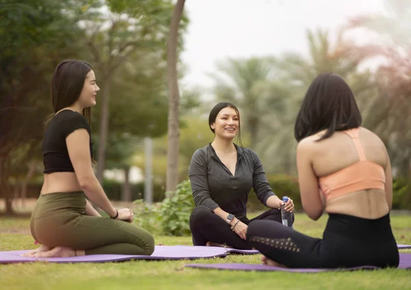 Beautiful Brunette Women Wearing Tight Activewear Performing Yoga Poses Park — Stock Photo, Image