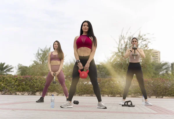Beautiful Brunette Women Wearing Tight Activewear Performing Yoga Poses Park — Stok fotoğraf