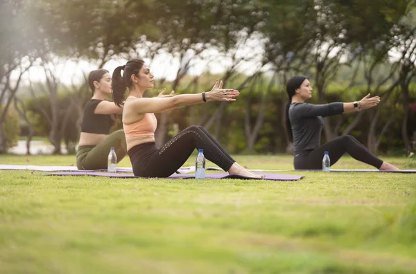 Beautiful Brunette Women Wearing Tight Activewear Performing Yoga Poses Park — Stock Photo, Image