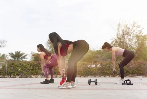 Beautiful Brunette Women Wearing Tight Activewear Performing Yoga Poses Park Stockbild