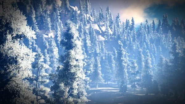 Pokryte śniegiem lasu Boże Narodzenie w górach renderowania 3d — Zdjęcie stockowe