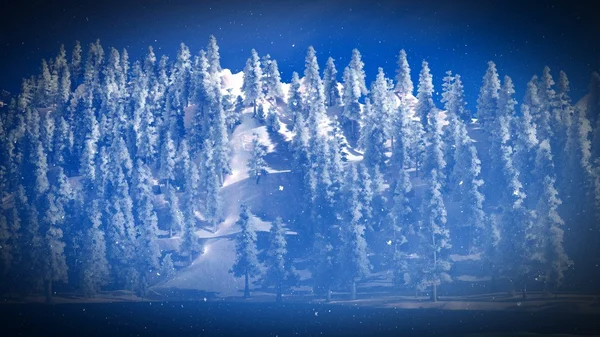 Foresta di Natale coperta di neve in montagna rendering 3d — Foto Stock