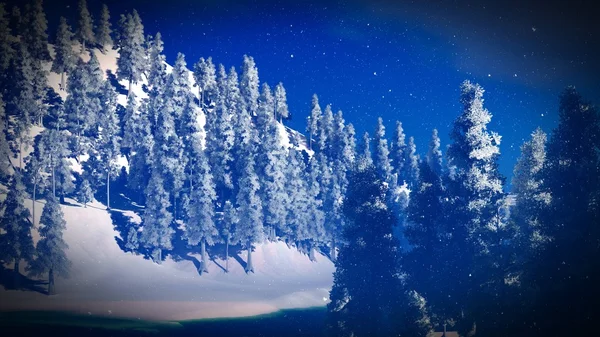 Bosque de Navidad cubierto de nieve en las montañas 3d rendering —  Fotos de Stock