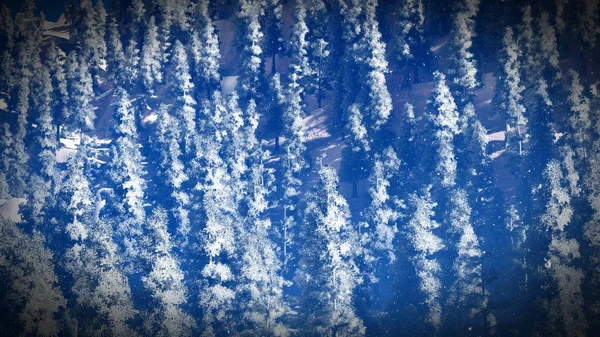Bosque de Navidad cubierto de nieve en las montañas 3d rendering — Foto de Stock