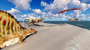 Plaj 3d çizim üzerinde yaşayan dinozorlar