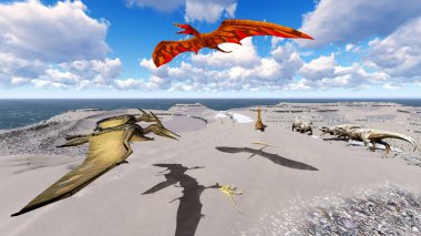 Plaj 3d çizim üzerinde yaşayan dinozorlar