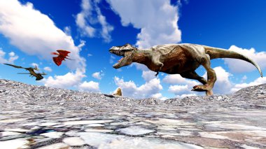 Plaj 3d çizim üzerinde yaşayan dinozorlar
