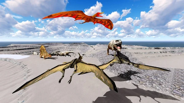 Plaj 3d çizim üzerinde yaşayan dinozorlar