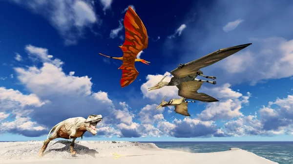 Dinosaurs living on the beach 3d illustration — Stock Photo, Image