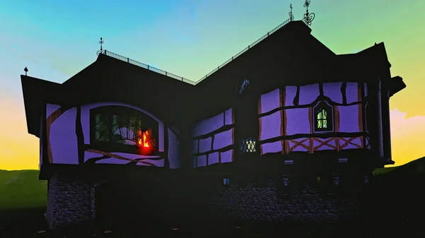 Nawiedzony dom z piorunami w renderingu 3d noc — Zdjęcie stockowe